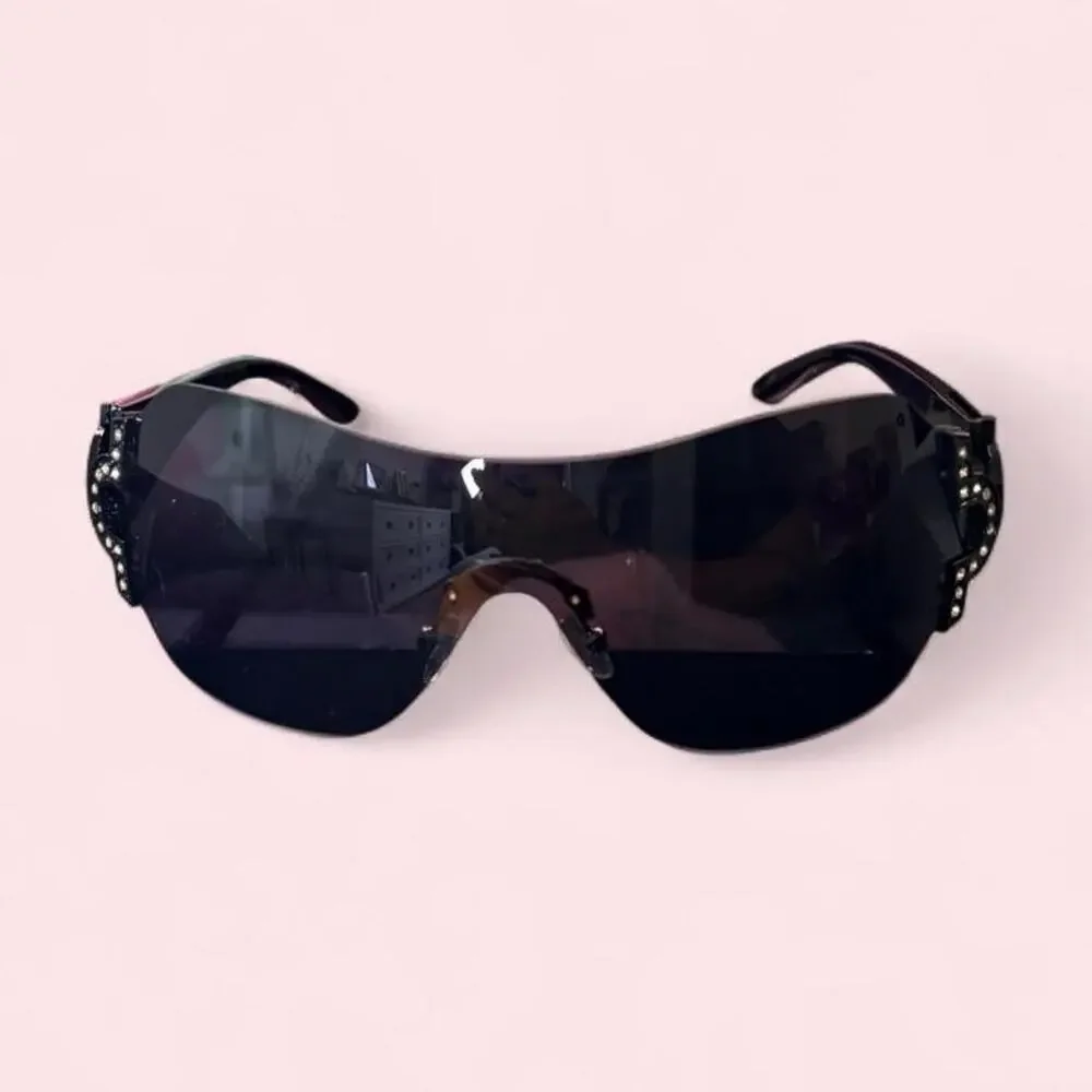 Unisec black oversized shield sunglasses with rhinestone Y2k mcbling glam cyber